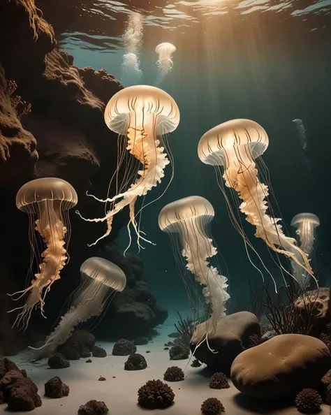 an underwater scene features a group of drifting jellyfish against a dimly lit background; rocks and diverse sea creatures accompany this mysterious environment with a sepia filter., <lora:sdxl_lightning_8step_lora.safetensors:0.7>