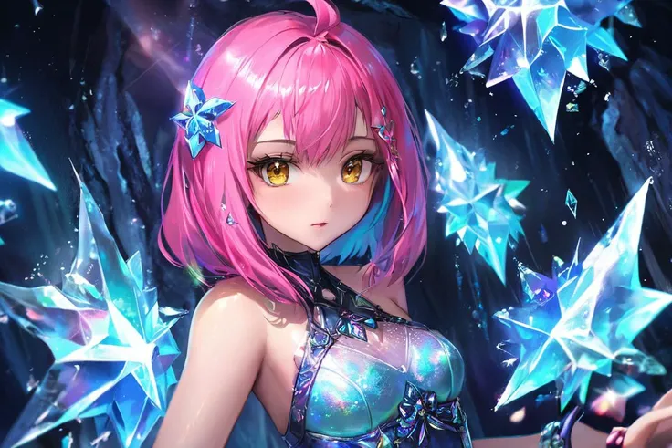 ice queen,
chromatic aberration, colorful cave lights during night time, oily skin,
dynamic angle, colorful glowing cristals, night, nsfw,
hair ornament, intrincate clothing, sexy <lora:Hyung-Tae kim style XL v3:1>, 1girl, Lob (long bob), small boobs, flat chest, Long-limbed body, brown eyes, Pastel pink hair, high definition photo, ultra detailed skin, ultra detailed face, small skin imperfections