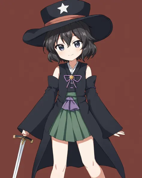 enraku tsubakura, androgynous, kariginu, 1other, solo, smile, hat, one_eye_closed, ofuda_on_clothes, hakama_skirt, detached_sleeves, sword, black_headwear, closed_mouth
<lora:enraku_tsubakura_image217_fp16_2024-01-03:1>,star-shaped_pupils,symbol-shaped_pupils,. gorgeous,key visual, vibrant, studio anime,award-winning, professional, highly detailed,high budget, cinemascope