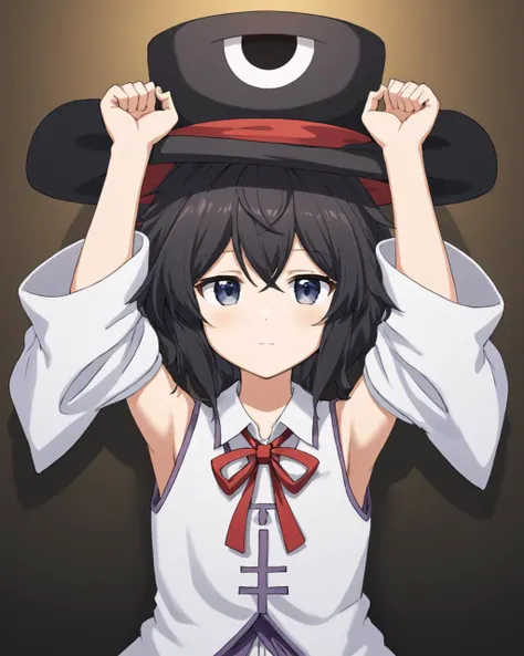 enraku tsubakura,androgynous, red_ribbon, solo, top_hat, 1other, large_hat, detached_sleeves, neck_ribbon, bow, sleeveless_coat, japanese_clothes, white_sleeves, sleeveless, expressionless, vest, arms_up, coat, arms_behind_head, white_shirt, closed_mouth, white_pupils
<lora:enraku_tsubakura_image217_fp16_2024-01-03:1>,star-shaped_pupils,symbol-shaped_pupils,. gorgeous,key visual, vibrant, studio anime,award-winning, professional, highly detailed,high budget, cinemascope