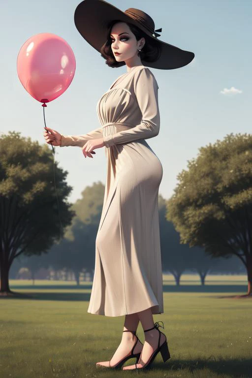 ladydimitrescu,tall woman holding (balloon),grass, pale skin, perfect skin, white dress,( toons art:1.2), cartoon art, gray hat,(trees background:1.1), high quality, front view, full body, (sfw:1.2), <lora:LadyD_AlcinaDimitrescu-10_TrueMight:0.7> alcina