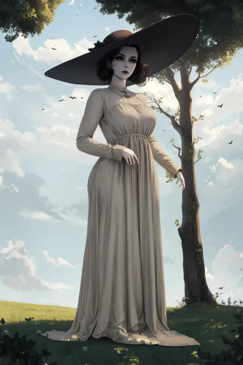 <lora:LadyD_AlcinaDimitrescu-10_TrueMight:0.7> alcina,ladydimitrescu,tall woman, (hands:1.1), fingers, grass, (pale skin:1.4), perfect skin, white dress,( toons art:1.2), gray hat,hand, fingers,(trees background), high quality, front view, high detaling art,, cartoon art