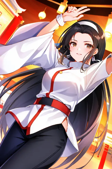Chizuru Kagura,white headband,black hair,(black trousers),(temple:1.3), best quality, <lora:Chizuru_Kagura_v0:0.6>