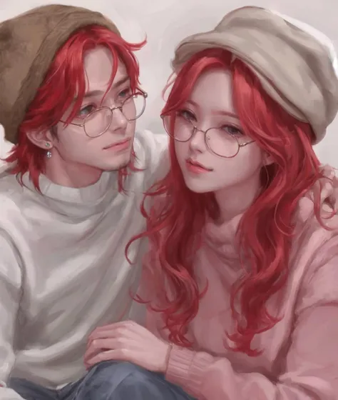 dal, (realistic:1.3), (intricate detail:1.2), 1boy, 1girl, barefoot, beanie, blush, couple, ear_piercing, glasses, happy, hat, hug, long_hair, no_pants, piercing, protecting, red_hair, sleepy, sweater, valentine,