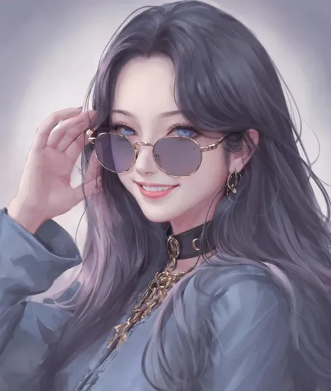 dal, , (intricate detail:1.2), 1girl, collar, evil_smile, facial_hair, falcoon, long_hair, long_sleeves, looking_at_viewer, looking_back, lowres, mustache, original, photoshop_(medium), smile, solo, sunglasses, upper_body,