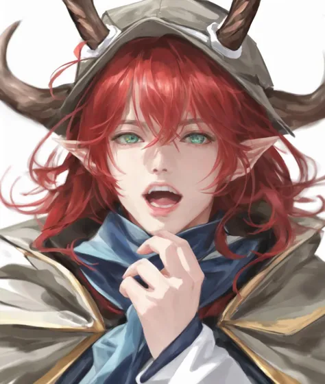 dal, , (intricate detail:1.2), 1boy, alchemist_(ragnarok_online), anime_coloring, antlers, bangs, blue_cape, cape, emon-yu, green_eyes, hair_between_eyes, hat, long_hair, long_sleeves, looking_at_viewer, male_focus, open_mouth, pointy_ears, ragnarok_online, red_hair, upper_body, white_background, zoom_layer,