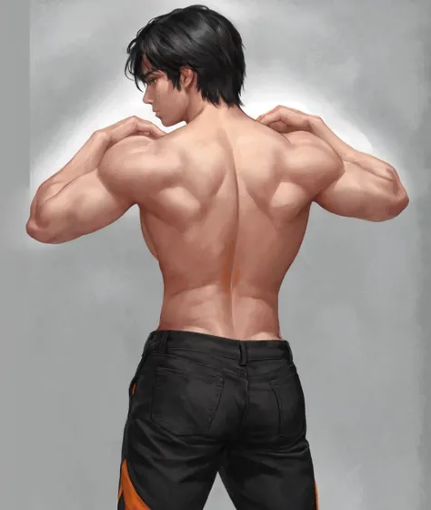 dal, (realistic:1.3), (intricate detail:1.2), solo, looking at viewer, short hair, black hair, 1boy, male focus, looking back, orange pants, from behind, muscular, back, muscular male, topless male, back focus,