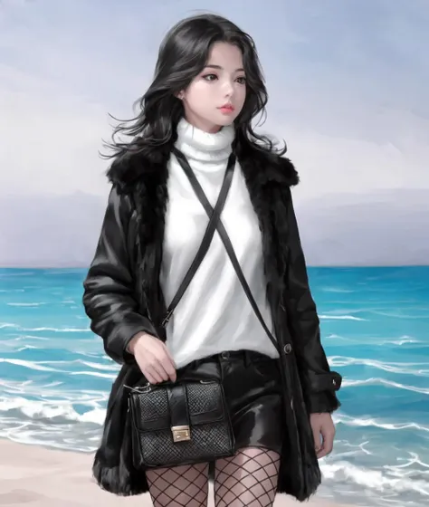 dal, (realistic:1.3), (intricate detail:1.2), 1girl, 1girl, black eyes, , Black faux fur coat, white turtleneck sweater, plaid mini skirt, fishnet tights, black ankle boots, studded clutch bag,, , Rock face overlooking the ocean,, [mischievous expression, impish, sly, playful:0.7],