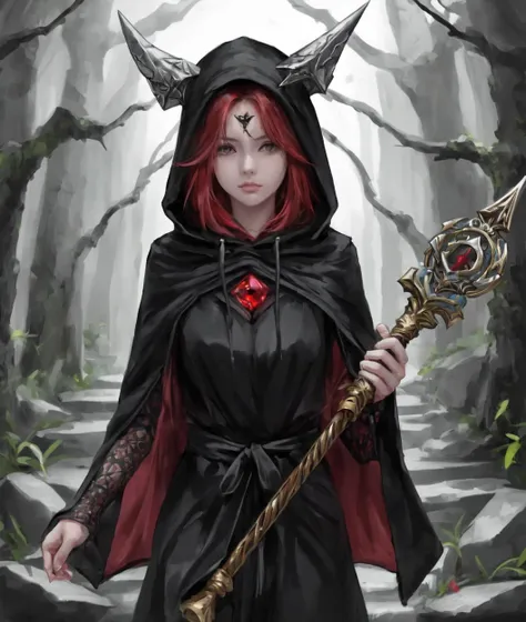 dal, (realistic:1.3), (intricate detail:1.2), 1girl, Dark sorcerer, black robes with a hooded cloak, spiked staff with a glowing red crystal, tome with forbidden spells, pentagram with a sacrificial altar, secret dungeon with a torture chamber, Mayan ruins, stone temples, winding staircases, jungle overgrowth, ancient hieroglyphics, __fantasy situation__,