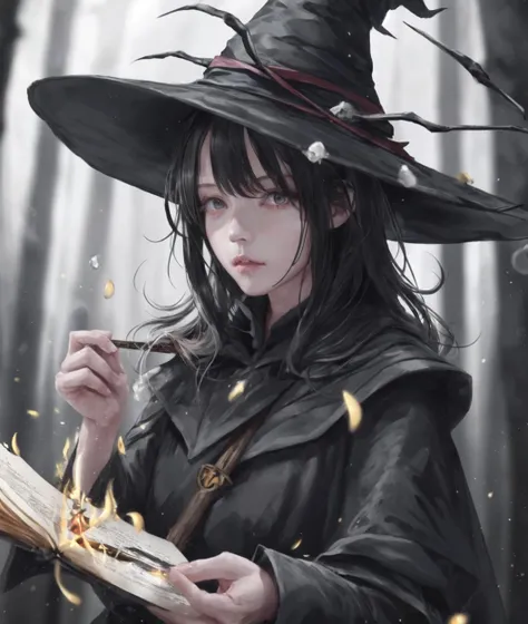 dal, (realistic:1.3), (intricate detail:1.2), 1girl, Witch, black hat with a pointed brim, broomstick with a carved handle, spellbook with a variety of spells, potion bottles with various ingredients, enchanted forest with a hidden witch hut, Volcanic wasteland, billowing smoke, lava flows, ash-covered ruins, obsidian spires, __fantasy situation__,