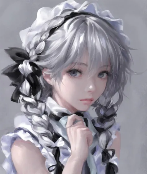 dal, , (intricate detail:1.2), 1girl, braid, breath, hair_ribbon, izayoi_sakuya, maid, ribbon, scarf, short_hair, silver_hair, solo, tora_(torayarou), touhou, twin_braids,