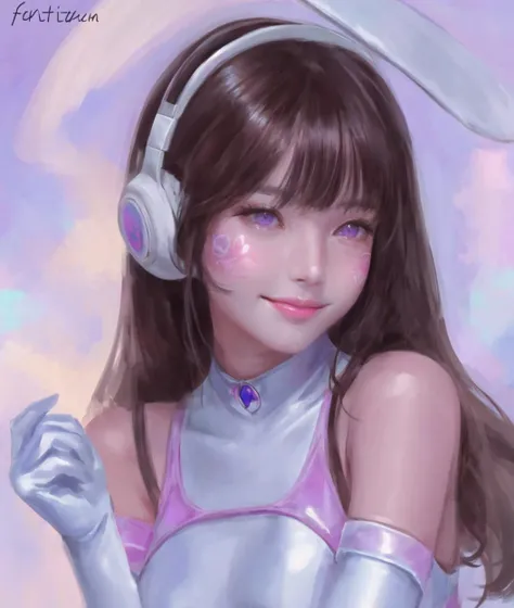 dal, (realistic:1.3), (intricate detail:1.2), 1girl, alternate_eye_color, animal_print, backlighting, bangs, bodysuit, breasts, brown_hair, bunny_print, facepaint, facial_mark, gloves, headphones, high_collar, light_smile, long_hair, looking_at_viewer, pilot_suit, pink_lips, purple_eyes, ribbed_bodysuit, shoulder_pads, signature, skin_tight, small_breasts, solo, swept_bangs, upper_body, v,  , web_address, whisker_markings, white_gloves,