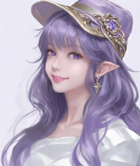 dal, , (intricate detail:1.2), 1girl, breasts, closed_mouth, earrings, english_commentary, grandia, grandia_i, hat, jewelry, liete_(grandia), long_hair, looking_at_viewer, pointy_ears, purple_eyes, purple_hair, simple_background, smile, solo, staff, ustumi_soudou, weapon, white_background,