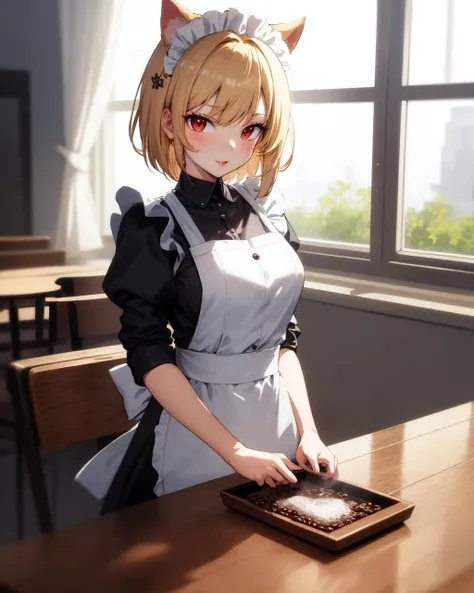 masterpiece, best quality, absurdres, <lora:chisato_nishikigi_v1:0.7> chisato nishikigi, blonde hair, red eyes, short hair, medium breasts, (looking at viewer), (tsurime) <lora:Tsurime:0.75>,, (nice hands, perfect hands, Beautiful Finger), <lora:GoodHands-vanilla:1>, maid, maid headdress, cat ears ornament, maid apron, ,
BREAK modern cafe, coffee mill, coffee maker, table, (Deep Depth Of Field:1.2), (perfect anatomy), tele shot, Volumetric Lighting