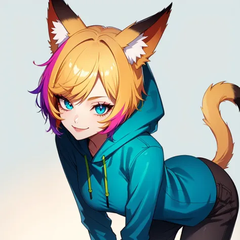 (masterpiece:1.2, best quality:1.2), 4k, beautiful art,
1girl, anime art style, solo, (short hair:1.1),  {yellow|green|purple|red|blue} eyes, small cat ears, {cat|fox} tail, looking at viewer, small breasts, cat girl, small animal ear fluff, slit pupils, parted bangs, (two-tone hair:1.4), two-tone background, cute smile,  {purple|light blue|green|red|blonde|dark blue|sea green|pink} hair, curious, confident, (happy:1.1), trendy clothing, alluring, (blue painted nails:1.2), fully clothed, wearing hoodie, wearing pants, dynamic pose, anatomically correct hands, correct joints
 <lora:Tsurime:1>