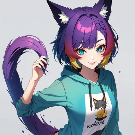 (masterpiece:1.2, best quality:1.2), 4k, beautiful art,
1girl, anime art style, solo,  (short hair:1.1),  {yellow|green|purple|red|blue} eyes, small cat ears, short hair, {cat|fox} tail, looking at viewer, small breasts, cat girl, small animal ear fluff, slit pupils, parted bangs, (two tone hair:1.4), two-tone background, cute smile,  {purple|light blue|green|red|blonde|dark blue|sea green|pink} hair, curious, confident, (happy:1.1), trendy clothing, alluring, (blue painted nails:1.2), fully clothed, wearing hoodie, wearing pants, dynamic pose, anatomically correct hands, correct joints
 <lora:Tsurime:1>