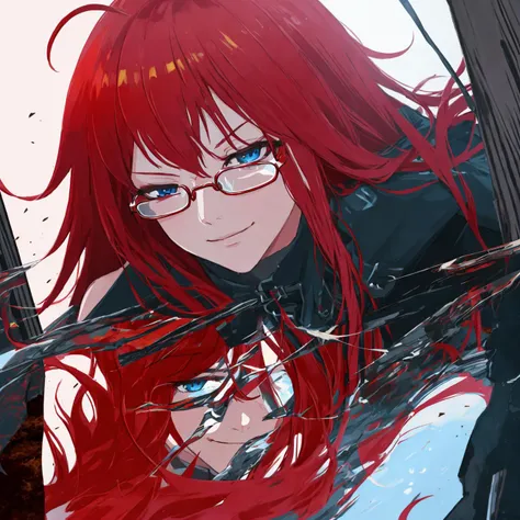 best quality, highly detailed, <lora:Rus:1>, Rus, red hair, 1girl, masterpiece, smoking, blue eyes, close up, extreme close up, ((reflection)), ((glasses)), red theme, dead trees, forest, trees, ((fire)), burning trees, smoke, dust, smug, smirk, :3 , <lora:Tsurime:0.7>, <lora:smirkingeye_v200:0.7>, ahoge,