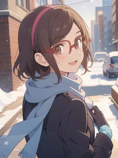 <lora:gbf_china_v1> 1girl, kousaka china, hairband, eyewear,
winter coat, scarf, turtleneck, woolen glove, smile, Minor Snow, from back