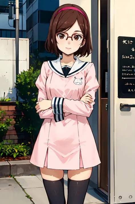 ultra detailed, masterpiece, best quality, solo, soft smile, light smile, <lora:gbf_china_v1:0.8> kousaka china, headband, eyewear, pink dress, black thighhighs, <lora:ponsuke:0.9>, small breasts,
