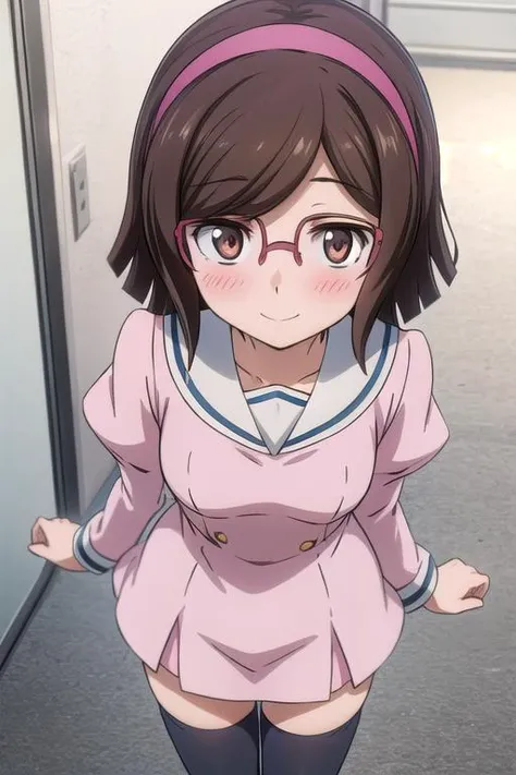 masterpiece, best quality,ultra detail, <lora:anmnr01:0.3> <lora:add_detail:0.5>,<lora:GoodHands-vanilla:0.8> <lora:gbf_china_v1:1>kousaka china, headband, eyewear,pink dress, black thighhighs,blush,shy,,looking up viewer,town path,small breasts,smile