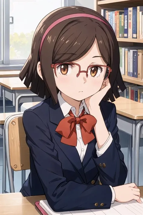 <lora:gbf_china_v1> 1girl, kousaka china, hairband, eyewear, looking at viewer, blazer, red bowtie, white skirt, sitting, upper body, classroom, school desk, head rest, book