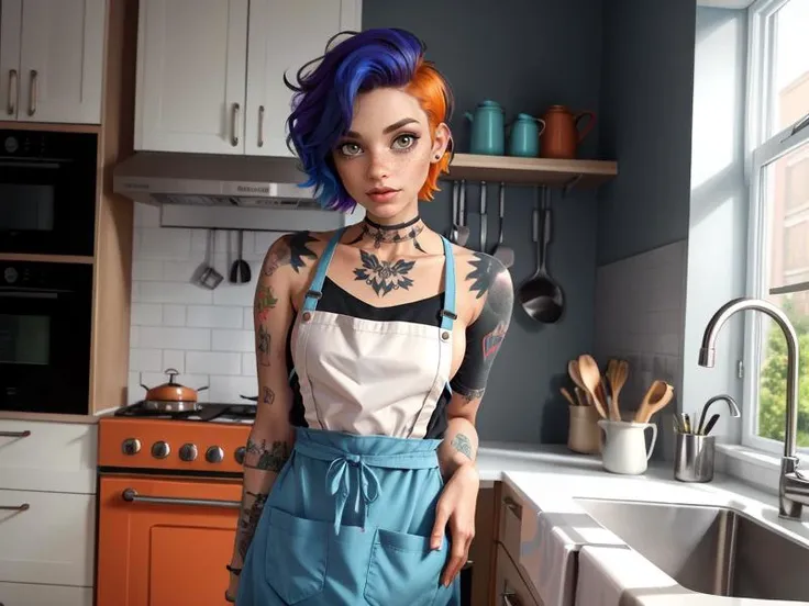 (Style: disney, (pixar), 3d, cartoon, realistic, realism, (epic:1.2), trending on artstation, ((high quality:1.2, masterpiece:1.2)) , (8k resolution) , high details, incredibly absurdres, color connection, colorized, colorful, full frontal),
(1girl: mid twenty, latina face, freckles, (orange short hair), shaved sides, medium breasts, tattooed,edgApron,edgGrunge || wearing edgGrunge_(apron)),
<lora:edgGrungeAprons:0.6>
(Backround: fanncy kitchen, modern)