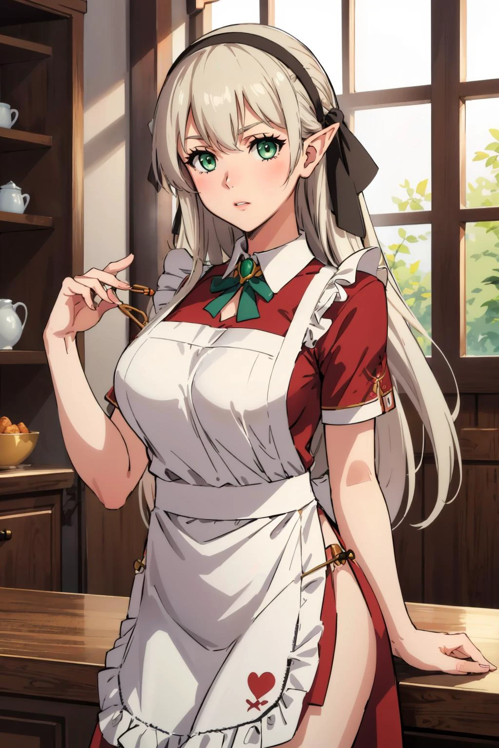 masterpiece, best quality, <lora:elie-nvwls-v2-zero:0.7> elie macdowell, green eyes, hairband, hair ribbon <lora:edgBloodElfApron:1> edgBE, red and gold apron, wearing (edgBE edgApron), elf, cowboy shot