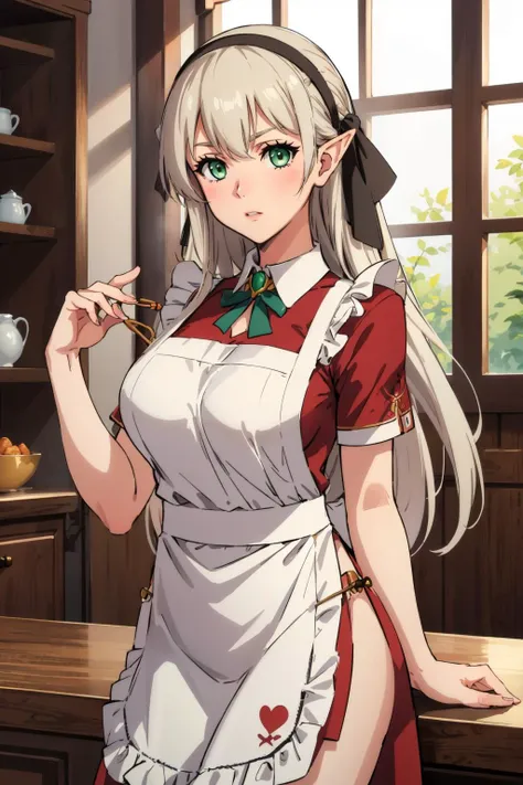 masterpiece, best quality,  <lora:elie-nvwls-v2-zero:0.7> elie macdowell, green eyes, hairband, hair ribbon   <lora:edgBloodElfApron:1> edgBE, red and gold apron, wearing (edgBE edgApron), elf, cowboy shot