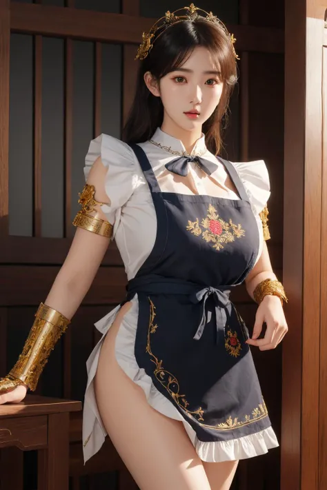 <lora:edgLnFApronsv1:1>, edgLnF, best quality, masterpiece, illustration, realistic, photo-realistic, amazing, finely detail, incredibly absurdres, huge filesize, ultra-detailed, highres, extremely detailed CG unity 8k wallpaper, nsfw, golden embroidery, pauldrons,wearing edgLnF,edgApron, a woman in a maid apron, wearing edgApron, pauldrons, gauntlets, bracer, elbow pads, A beautiful young woman with Korean-style facial features resembling a popular actress.