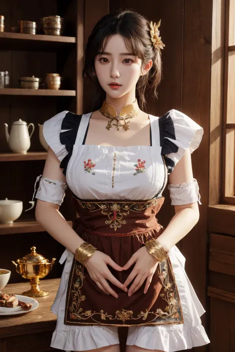 <lora:edgLnFApronsv1:1>, edgLnF, best quality, masterpiece, illustration, realistic, photo-realistic, amazing, finely detail, incredibly absurdres, huge filesize, ultra-detailed, highres, extremely detailed CG unity 8k wallpaper, nsfw, golden embroidery, pauldrons,wearing edgLnF,edgApron, a woman in a maid apron, wearing edgApron, pauldrons, gauntlets, bracer, elbow pads, A beautiful young woman with Korean-style facial features resembling a popular actress.