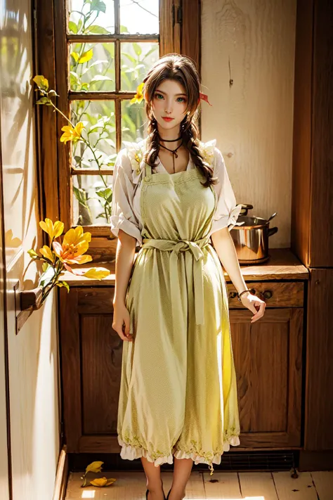 <lora:MIAOKA_Aerith:0.8>, ((aerith gainsborough, choker, hair bow, bracelet, sidelocks, parted bangs, braid)):1.24, (enjoy smile, cook pose),
<lora:edgBloodElfApron:0.75>, (edgBE,red and gold apron,wearing (edgBE edgApron)):1.2,
BREAK 1woman, (young woman), adorable, clear face, solo, (((full body))):1.35,
((multicolor brown hairs, very long hairs, green eyes):1.23, curvy body),
BREAK soft light, cinematic lighting, detailed(shadow, lightning), ((photorealistic:1.18)),
BREAK <lora:add_detail:0.5>, extremely detailed, CG, finely detail, (masterpiece, best quality):2.0, (intricate details, depth of field),
BREAK <lora:uber_saggy2:0.67>, saggy, sagging_breasts, ((huge breasts)),
detailed kitchen, food, glass of water, kitchenware, pot, ((many yellow flower petals)):1.23, windows, indoors,