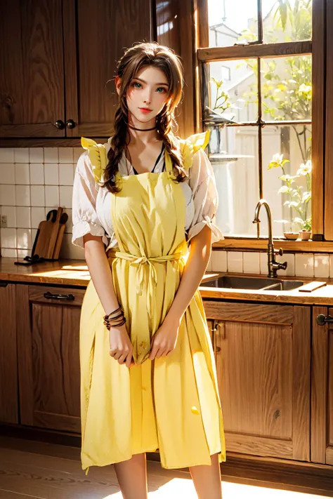 <lora:MIAOKA_Aerith:0.8>, ((aerith gainsborough, choker, hair bow, bracelet, sidelocks, parted bangs, braid)):1.24, (enjoy smile, cook pose),
<lora:edgBloodElfApron:0.75>, (edgBE,red and gold apron,wearing (edgBE edgApron)):1.2,
BREAK 1woman, (young woman), adorable, clear face, solo, (((full body))):1.35,
((multicolor brown hairs, very long hairs, green eyes):1.23, curvy body),
BREAK soft light, cinematic lighting, detailed(shadow, lightning), ((photorealistic:1.18)),
BREAK <lora:add_detail:0.5>, extremely detailed, CG, finely detail, (masterpiece, best quality):2.0, (intricate details, depth of field),
BREAK <lora:uber_saggy2:0.67>, saggy, sagging_breasts, ((huge breasts)),
detailed kitchen, food, glass of water, kitchenware, pot, ((many yellow flower petals)):1.23, windows, indoors,