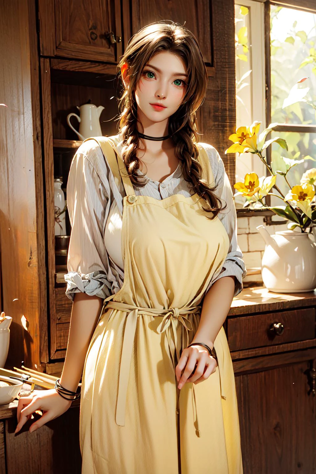 <lora:MIAOKA_Aerith:0.8>, ((aerith gainsborough, choker, hair bow, bracelet, sidelocks, parted bangs, braid)):1.24, (enjoy smile, cook pose),
<lora:edgBloodElfApron:0.75>, (edgBE,red and gold apron,wearing (edgBE edgApron)):1.2,
BREAK 1woman, (young woman), adorable, clear face, solo, (((full body))):1.35,
((multicolor brown hairs, very long hairs, green eyes):1.23, curvy body),
BREAK soft light, cinematic lighting, detailed(shadow, lightning), ((photorealistic:1.18)),
BREAK <lora:add_detail:0.5>, extremely detailed, CG, finely detail, (masterpiece, best quality):2.0, (intricate details, depth of field),
BREAK <lora:uber_saggy2:0.67>, saggy, sagging_breasts, ((huge breasts)),
detailed kitchen, food, glass of water, kitchenware, pot, ((many yellow flower petals)):1.23, windows, indoors,