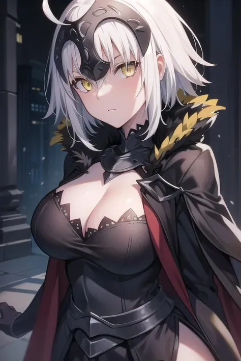 jalter, <lora:jaltertest:1>, jalter, white hair, short hair, (yellow eyes:1.5), headpiece, ahoge,
BREAK black coat, black dress, coat, collarbone, dress, fur trim, fur-trimmed coat, jewelry, long sleeves, necklace, official alternate costume, open clothes, open coat,
BREAK outdoors, city,
BREAK looking at viewer, BREAK <lora:GoodHands-vanilla:1>, (masterpiece:1.2), best quality, high resolution, unity 8k wallpaper, (illustration:0.8), (beautiful detailed eyes:1.6), extremely detailed face, perfect lighting, extremely detailed CG, (perfect hands, perfect anatomy),
