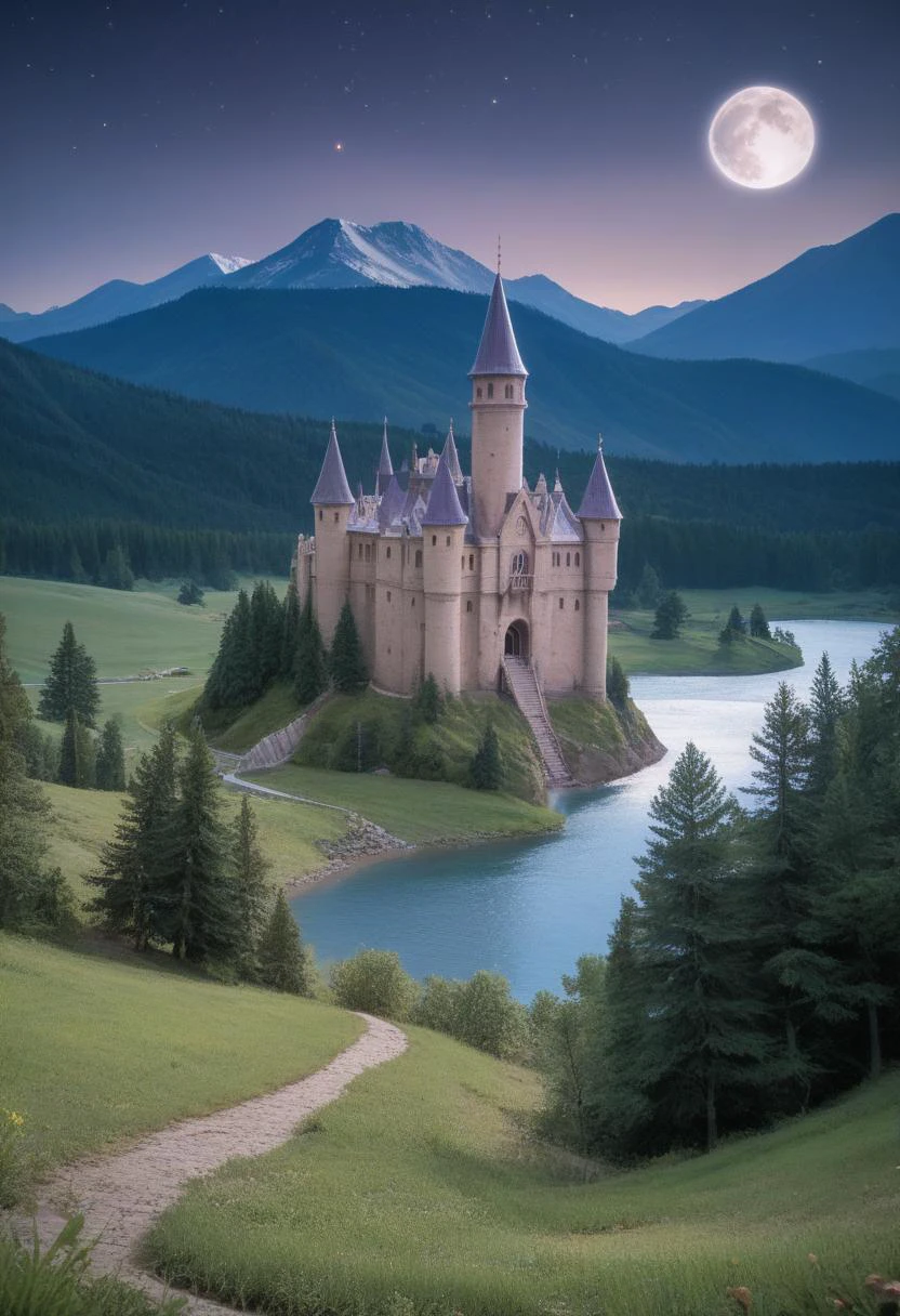 score_9, score_8_up, score_7_up, landscape, tree, grass, mountain, river, detailed background, moon, stars, night, outdoors, castle, masterpiece, best quality, high quality, raw, photo, realistic