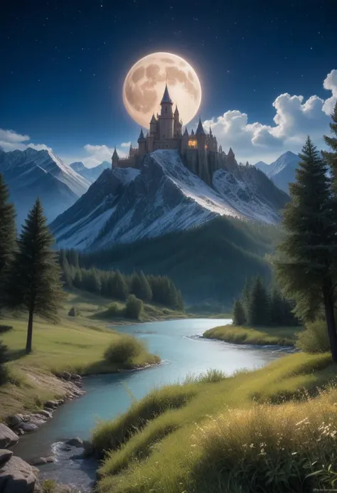 score_9, score_8_up, score_7_up, landscape, tree, grass, mountain, river, detailed background, moon, stars, night, outdoors, castle, masterpiece, best quality, high quality, raw, photo, realistic, ultra realistic