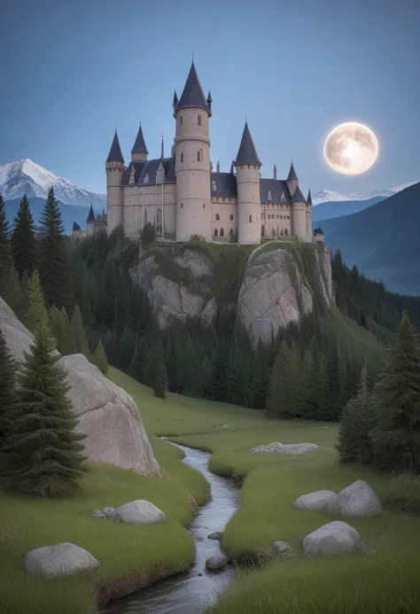 score_9, score_8_up, score_7_up, landscape, tree, grass, mountain, river, detailed background, moon, stars, night, outdoors, castle, masterpiece, best quality, high quality, raw, photo, realistic