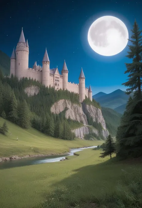 score_9, score_8_up, score_7_up, landscape, tree, grass, mountain, river, detailed background, moon, stars, night, outdoors, castle, masterpiece, best quality, high quality, raw, photo, realistic