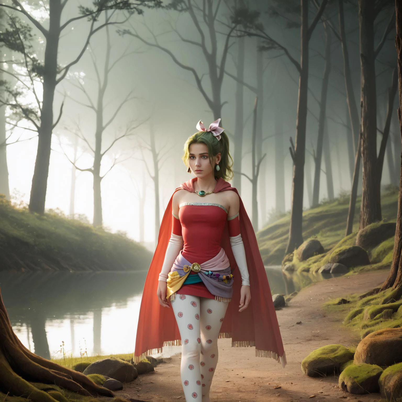 score_9, score_8_up, score_7_up, score_6_up, score_5_up, score_4_up, TINA BRANFORD, GREEN HAIR, PONYTAIL, HAIR RIBBON, EARRINGS, CAPE, RED DRESS, STRAPLESS, DETACHED SLEEVES, CLOTHES AROUND WAIST, PRINT LEGWEAR, dark magical forest, light speckles, fog, sun rays, lake reflection, dirt path, moss, old trees <lora:tinabranford-pdxl-nvwls-v1:1>,
