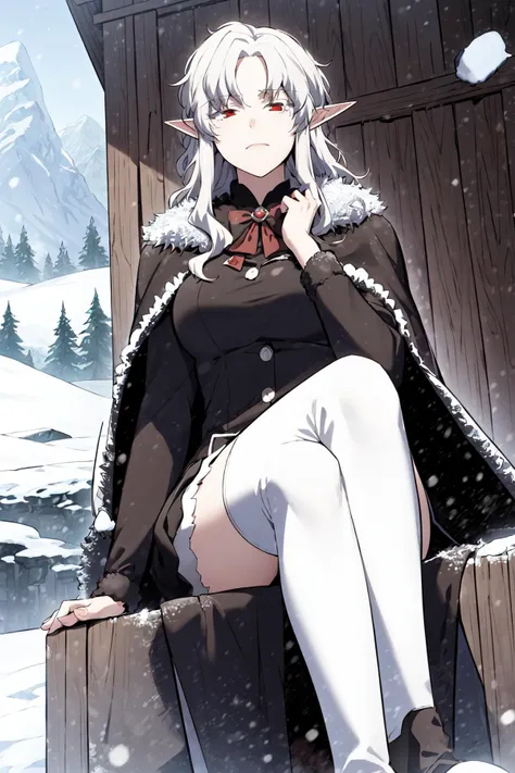 best quality, (masterpiece:1.2), highly detailed, outdoors, day, winter, snow, snowing, mountains, (forrest:1.3),
1girl, solo, <lora:chara_SoloMaxLevelNewbie_Ophelia_v1:0.8>, ophelia, vampire, sitting, closed mouth, medium breasts, looking at viewer,
white hair, long hair, red eyes, pointy ears, fur, cape, black dress