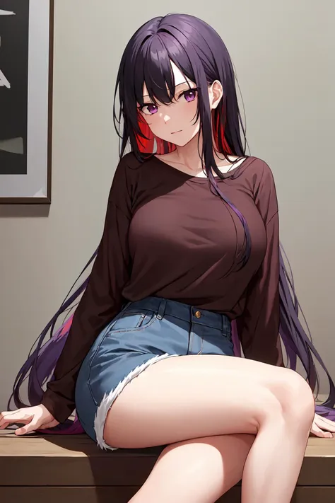 masterpiece, hires, high quality, 1girl, solo, mature, milf,   purple eyes, long hair, black hair, red streaked hair, white shirt, denim shorts, crossed legs,  ((from side,  facing to the side, ))