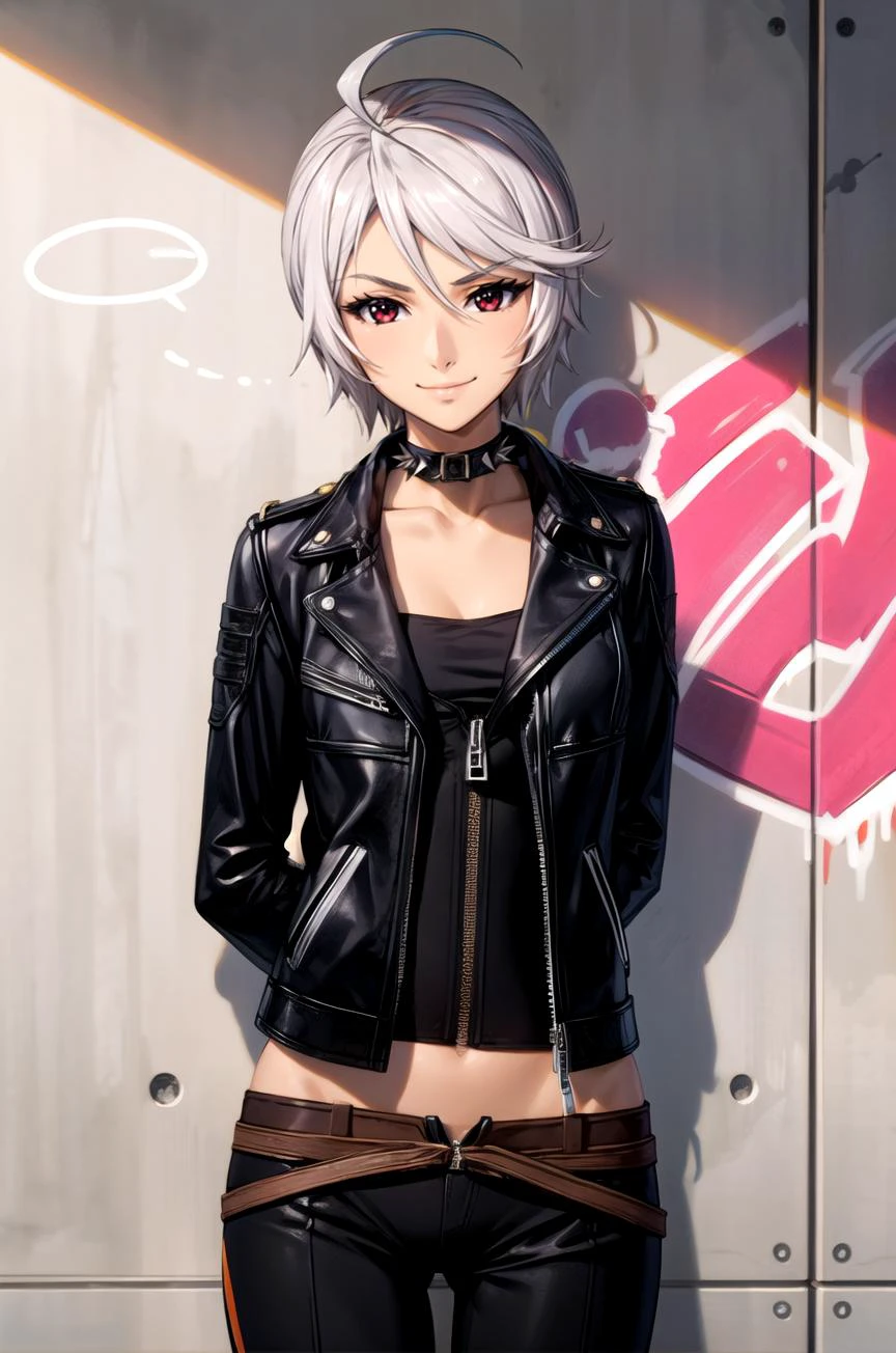 (masterpiece, best quality, detailed), 1girl, solo, looking at viewer, YamamotoAkira, grey hair, short hair, red eyes, ahoge,
leather jacket, leather pants, strapless bra, black jacket, tight pants, black chocker, zipper, fingerless gloves, biker clothes, spikes, shiny clothes, high collar, <lora:CONCEPT_graffiti_wall_ownwaifu:0.7>, CONCEPT_graffiti_wall_ownwaifu, www.ownwaifu.com, (graffiti:1.2), brick wall, arms behind back, smile, closed mouth, smug, v-shaped eyebrows