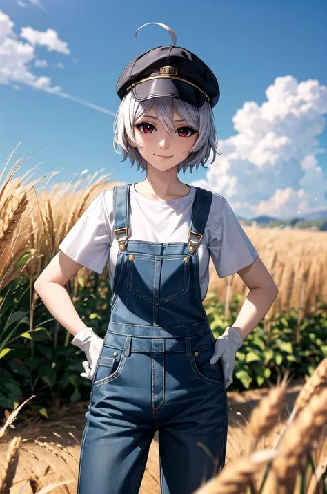 (masterpiece, best quality, detailed), 1girl, solo, looking at viewer, YamamotoAkira, grey hair, short hair, red eyes, ahoge,
overalls, short sleeves, white gloves, cabbie hat, green shirt, outdoors, wheat, wheat field, sky, cloud, farm, mountainous horizon, wind, hands on hips, smile, closed mouth