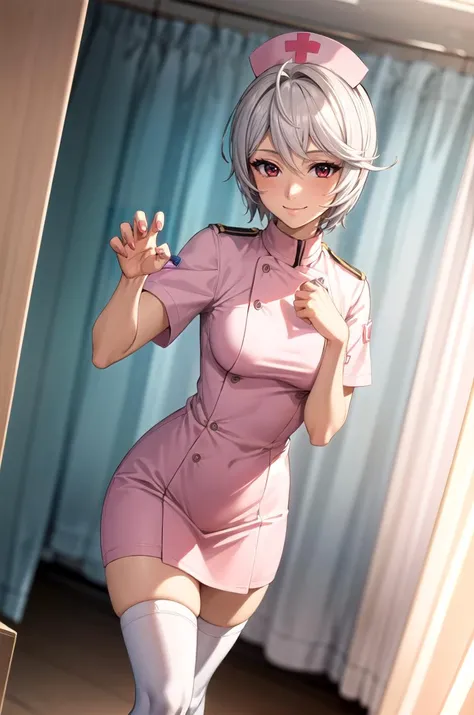 (masterpiece, best quality, detailed), 1girl, solo, looking at viewer, YamamotoAkira, grey hair, short hair, red eyes, ahoge,
nurse, nurse uniform, white thighhighs, nurse cap, pink dress, <lora:infirmary_v0.1:1>, infirmary, curtains, hospital bed, claw pose, seductive smile, smile, closed mouth, blush
