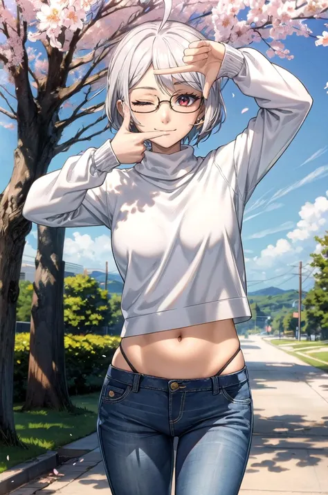 (masterpiece, best quality, detailed), 1girl, solo, looking at viewer, YamamotoAkira, grey hair, short hair, red eyes, ahoge,
turtleneck sweater, earrings, midriff, groin, casual, round eyewear, jeans, cherry blossoms, petals, outdoors, tree, sky, wind, <lora:finger_frame_final:1>, finger frame, smile, closed mouth, one eye closed