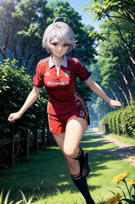 (masterpiece, best quality, detailed), 1girl, solo, looking at viewer, YamamotoAkira, grey hair, short hair, red eyes, ahoge,
<lora:Soccer Uniform By Stable Yogi:0.5>, soccer uniform, outdoors, forest, nature, grass, tree, flower, leaf, sunlight, light rays, fighting stance, clenched hands, legs apart, smile, closed mouth, smug