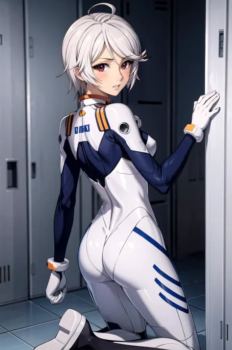 (masterpiece, best quality, detailed), 1girl, solo, looking at viewer, YamamotoAkira, grey hair, short hair, red eyes, ahoge,
<lora:edgPlugsuitCosplay:0.9>, edgPlugsuit, skin tight, wearing edgPlugsuit bodysuit, locker room, locker, indoors, bench, kneeling, from behind, looking back, ass, soles, parted lips, blush