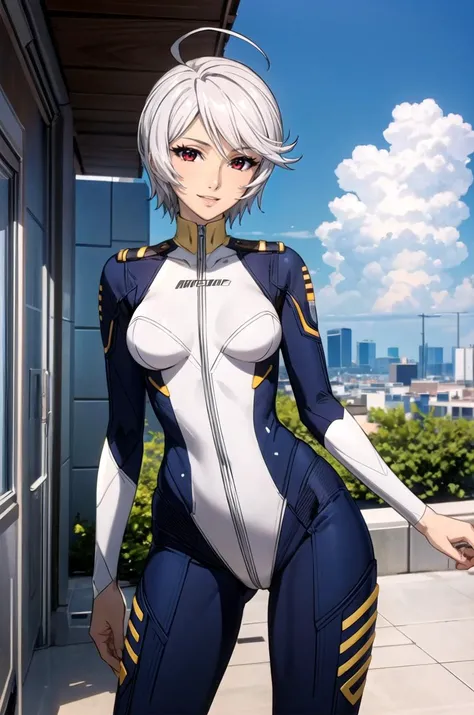(masterpiece, best quality, detailed), 1girl, solo, looking at viewer, YamamotoAkira, grey hair, short hair, red eyes, ahoge,
plugsuit, interface headset, skin tight, pilot suit, white bodysuit, outdoors, rooftop, day, cityscape, blue sky, cloud, scenery, railing, contrapposto, smile, parted lips