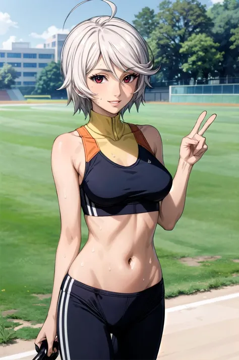 (masterpiece, best quality, detailed), 1girl, solo, looking at viewer, YamamotoAkira, grey hair, short hair, red eyes, ahoge,
sportswear, sports bra, sweat, tight clothes, bike shorts, <lora:school_yard_v0.1:1>, school yard, field, peace sign, smile, parted lips, heavy breathing