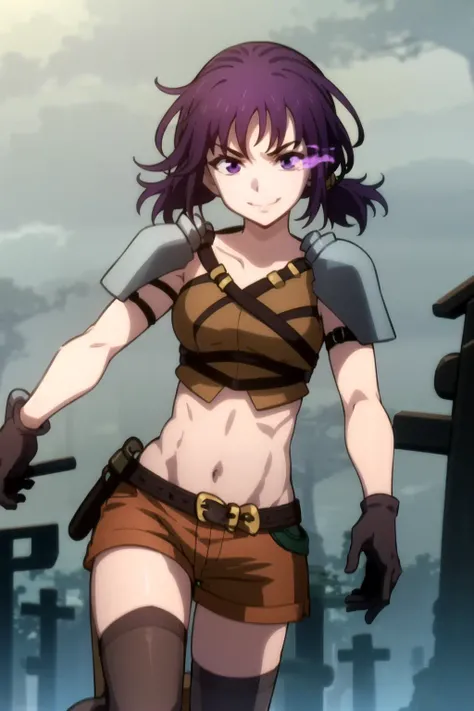 masterpiece, best quality, 1girl, quolkeh, solo, purple hair, purple flaming eyes, purple eye trails, purple eyes, ponytail, armor, belt, gloves, midriff, navel, smile, short hair, shorts, thighhighs, dynamic pose, haunted cemetery,dark <lora:Quolkeh:0.9> <lora:FlamingEye:1>